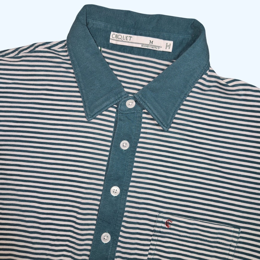 Criquet Pima Cotton Striped Players Shirt Polo Green White Mens Medium